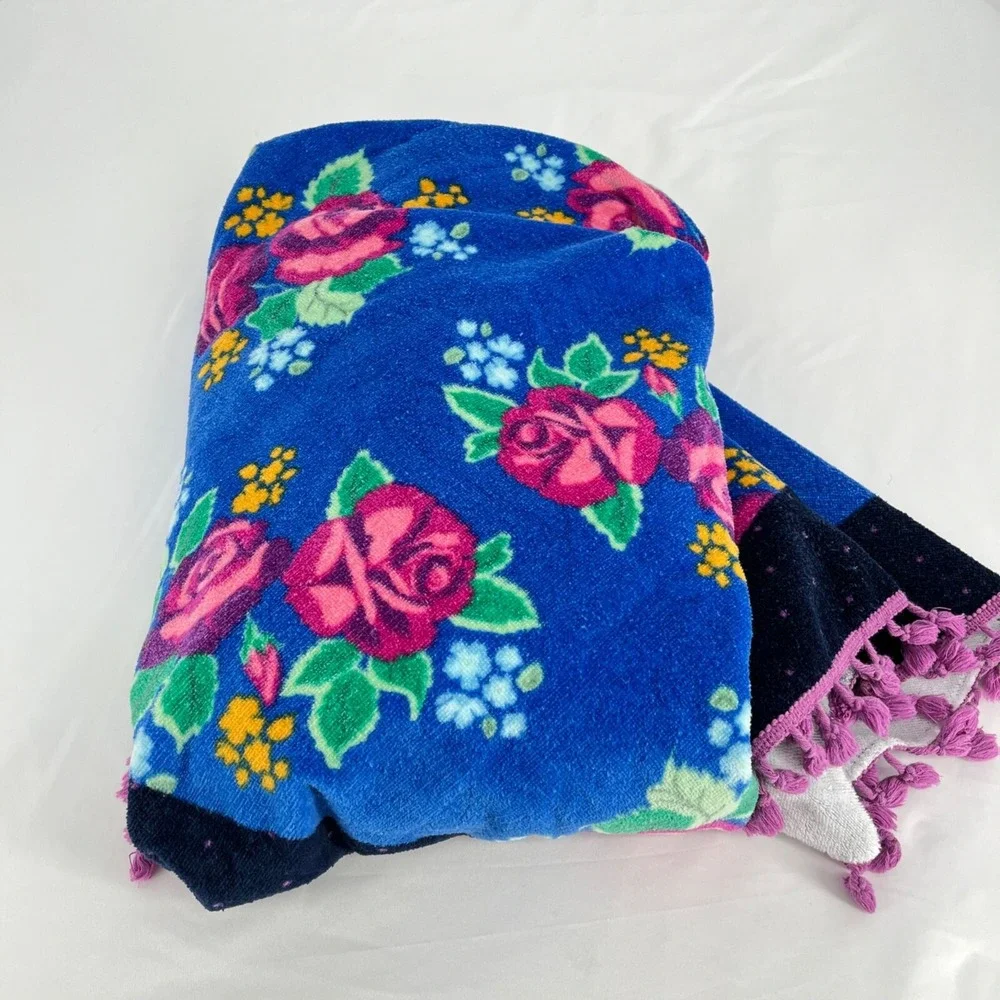 Matilda Jane Round Beach Towel Blue Floral Rose Tassel Fringe 60